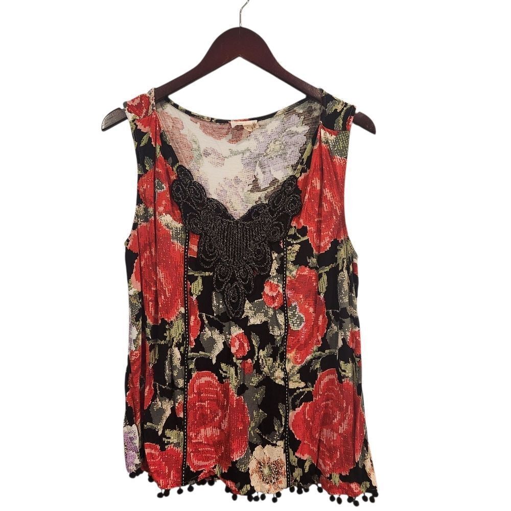Anthropologie Meadow Rue Floral Sleeveless Tank Medium Red Pom Pom